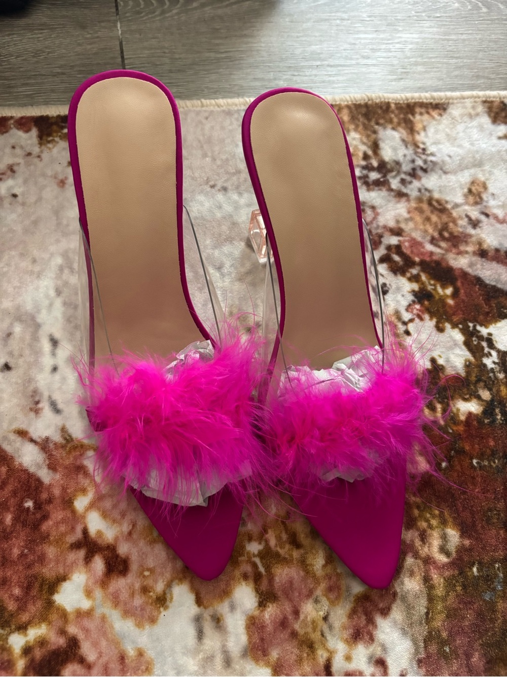 Hot Pink Feather Trim Slip-On Mules